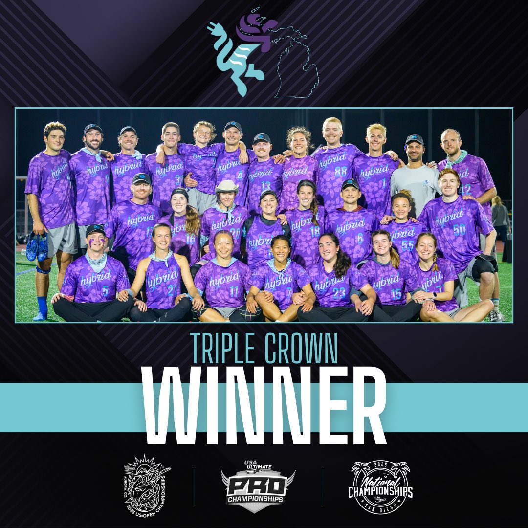 USAUltimate's tweet image. Triple Crown Champions. 👑👑👑

Ann Arbor Hybrid become just the SECOND mixed team in history to complete the Triple Crown, winning U.S. Open, Pro Champs and National Championships all in the same season!

#TripleCrown | #USAUNats