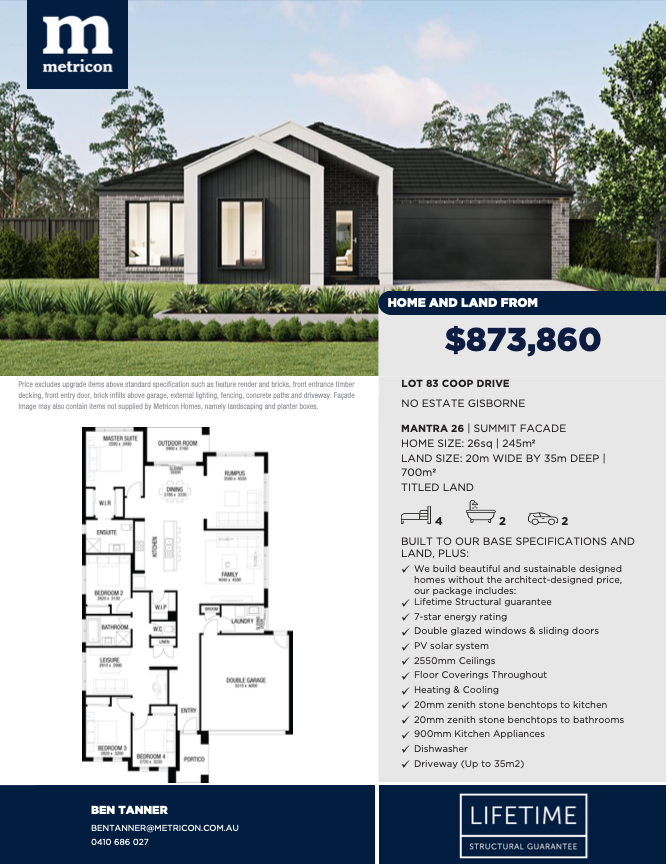 Just Listed – Home &amp; Land in Gisborne
Titled 700sqm block + 4-bed Metricon build from $873,860*
- 7-star energy rating
- Double glazing, solar, stone benches &amp; more
- Lot 83 Coop Drive – no delays, ready to go!
DM for details or site walk-through.
#Gisborne #HouseAndLand