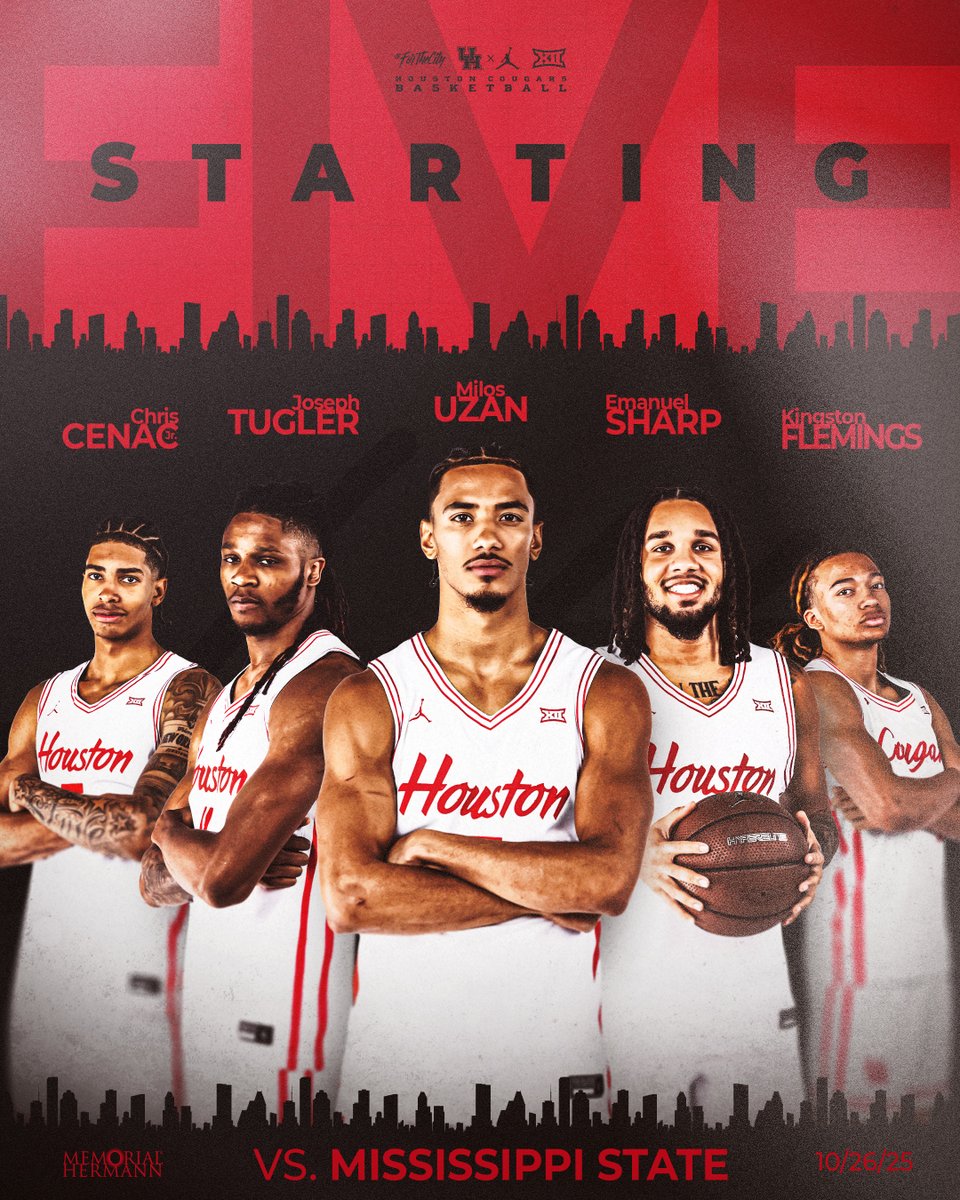 HOUSTON STARTERS
presented by <a href="/memorialhermann/">Memorial Hermann</a> 

G – 7️⃣ <a href="/lossyuzan/">Milos Uzan⛹</a>
G – 4️⃣ <a href="/K1ngFlemings/">Kingston Flemings</a>
G – 2️⃣1️⃣ <a href="/emanuelsharp_/">Emanuel Sharp</a>
F – 5️⃣ <a href="/chriscenacjr/">Chris Cenac Jr.</a>
F – 1️⃣1️⃣ <a href="/joseph_tugler/">Joseph Tugler</a>

#ForTheCity x #GoCoogs