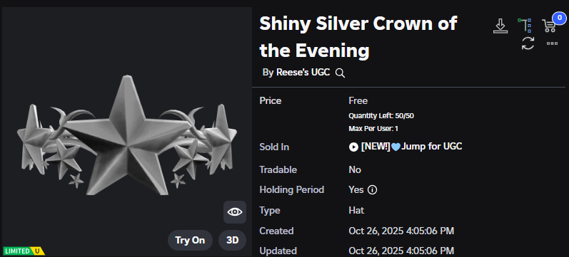Xh0PlUgc's tweet image. 🔴New limited item &lt;&lt; Jump for UGC &gt;&gt;
📦Stock: 50
❗How to get it: You will need to accumulate 950k points and then you can get it.
➡️roblox.com/catalog/128265…
➡️roblox.com/games/10042272…
#Roblox #RobloxDev #RobloxFreeUGC #RobloxUGCLimited