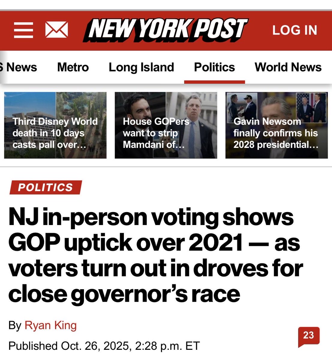 Maloney's tweet image. 📢 NJ EARLY VOTING DATA JUST HIT‼️
2025:
GOP: 35,533 (48.3%)
Dems: 38,060 (51.7%)
2021 (on this day)
GOP: 6,303 (40.1%)
Dems: 9,436 (59.9%)
Jack has moved from 40% of early vote to 48%.
Absolutely huge, but it’s not enough. 
We need every Republican to get 5 friends to vote…