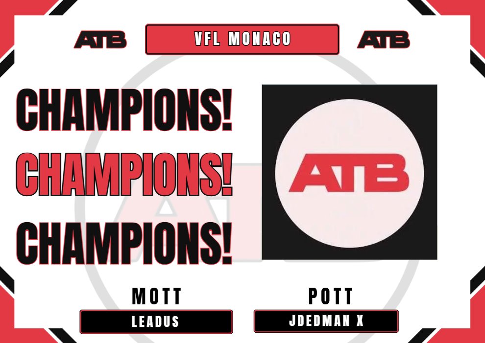 🏆| ATB RESULTS!🏆 
📅| Date: 26/10/2025
⚽️| Size: 16 Teams (Side D) 
 ————————— 
🥇- VFL Monaco
🥈- VFL Roma 

🏁- Score - 2-1 

👔MOTT - Leadus
⭐️POTT -JDedman x
————————-
Thanks once again to all who participated!
#ATB #FC26 #eSports #11v11 #proclubs