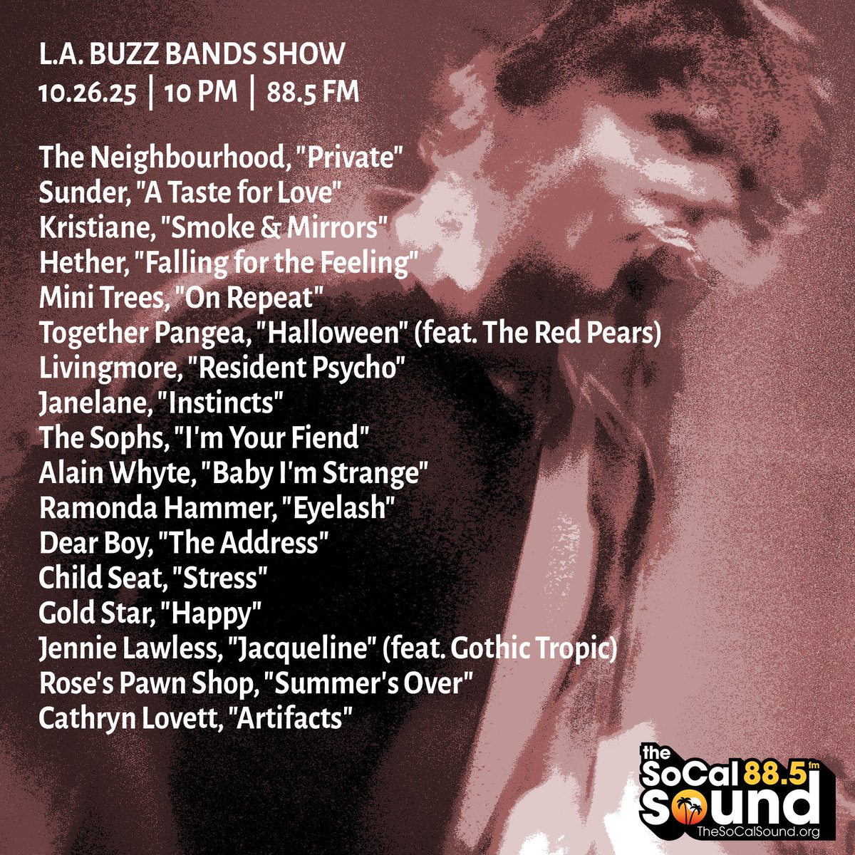 buzzbandsla's tweet image. Coming at 10PM: @BuzzBandsLA Show on 88.5 FM @TheSoCalSound, ft. The Neighbourhood, Alain Whyte, Kristiane, Mini Trees, Together Pangea, The Sophs, Child Seat, Hether, Sunder, Jennie Lawless, Rose’s Pawn Shop, Gold Star, Ramonda Hammer, Janelane + more  bit.ly/4oCV4je