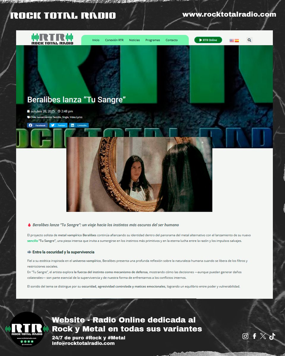 Beralibes lanza “Tu Sangre”, un himno de metal vampírico que enfrenta razón y oscuridad.
💀 “Mi música es para héroes y villanos”
·
🔗 rocktotalradio.com/beralibes-tu-s…
·
#Beralibes #TuSangre #RockTotalRadio