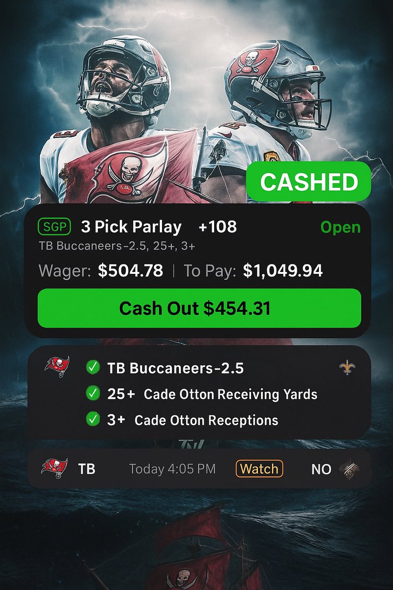 BANKROLLBUILDAR's tweet photo. 🪜 BRB LADDER DAY 3🪜 

$100 to $10,000

✅ Day 1: $100 ——> $270

✅ Day 2: $270 ——> $504.78 

✅ Day 3: $504.78 ——> $1049.94

Day4: Coming soon 

🔥BUCCANEERS AND CADE OTTON🔥

WE MOVE ON! https://t.co/PC8igwYpZs