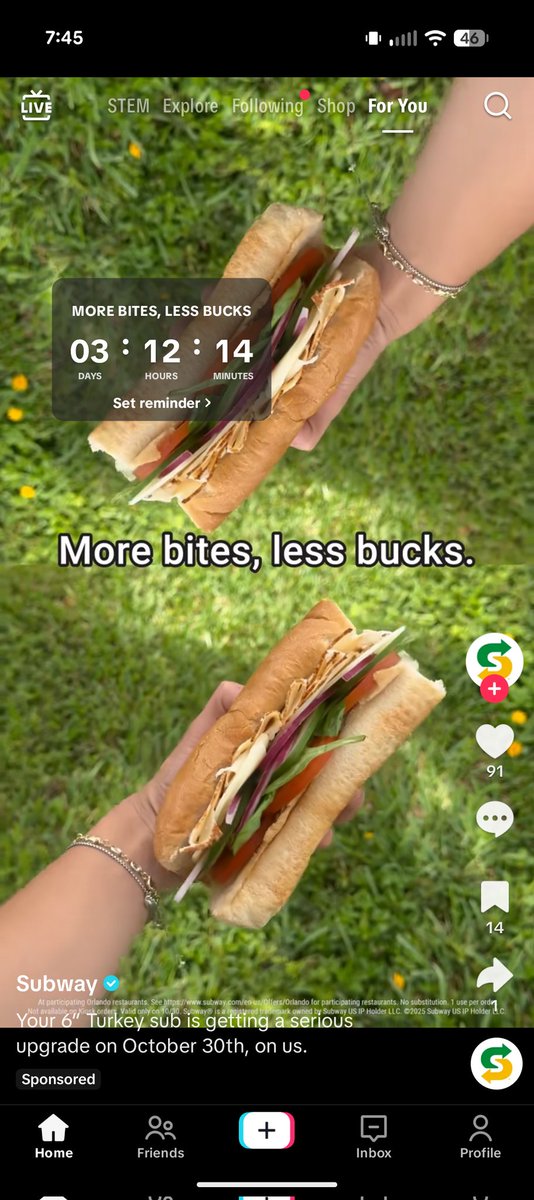 DavisTapp's tweet photo. @SUBWAY Fewer bucks...fewer. https://t.co/R3876Ewx5N