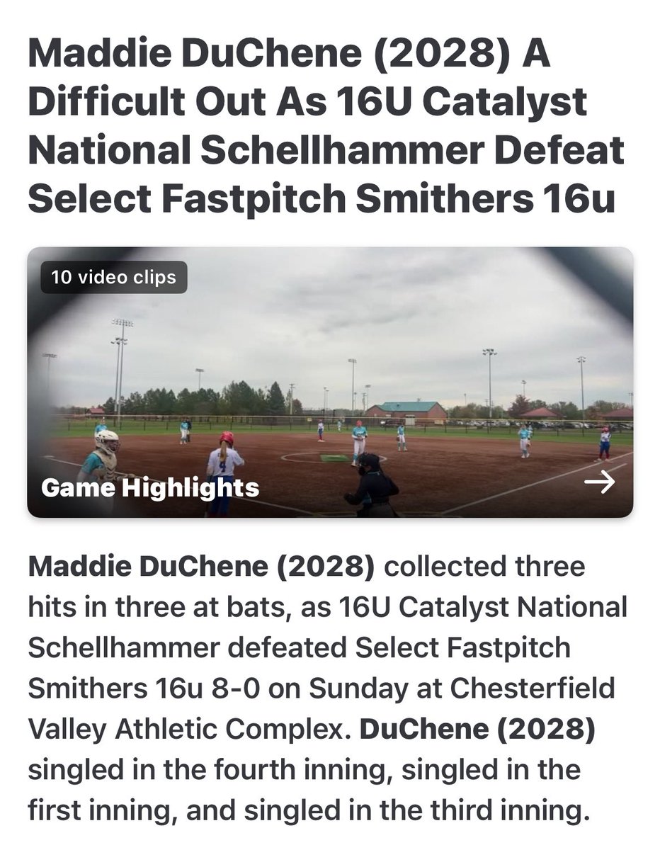 MaddieDuChene97's tweet image. It was such an amazing weekend at the STL Fall Xposure Showcase! @Catty16uNatty and I went 4-1 on the weekend! I had 5 singles, 4 RBI’s, 6 runs, and 2 SB! Down below are some of my clips from the weekend:
