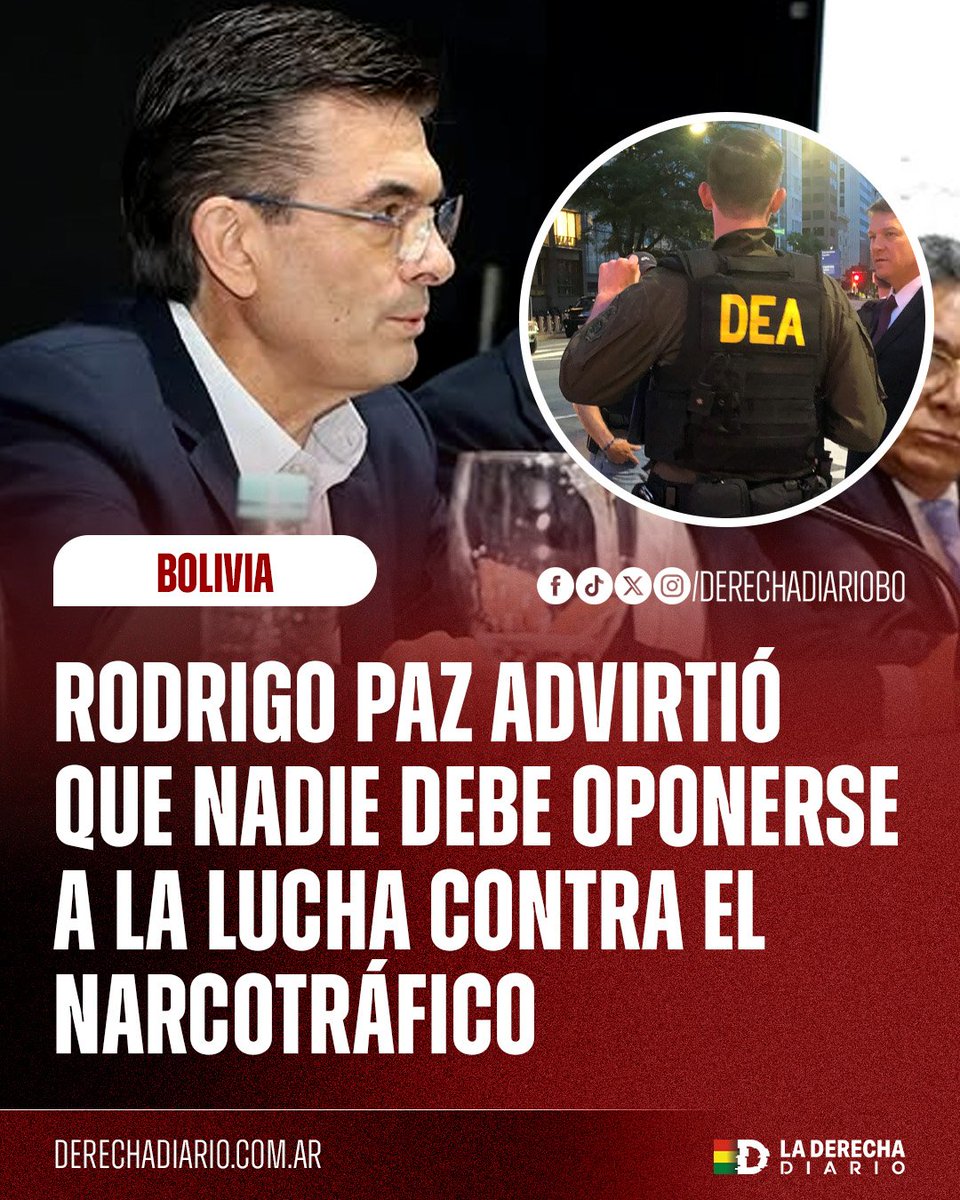🚨🇧🇴 | PAZ VA EN SERIO CONTRA EL NARCOTRÁFICO: El presidente electo Rodrigo Paz afirmó que “ningún boliviano honesto debe temer la presencia de la DEA ni la cooperación internacional”. Advirtió que quienes se opongan a la lucha contra el narco “tendrán que repensar su lugar en
