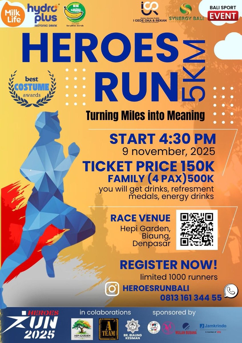 👟Heroes Run Bali
🗓️Minggu, 9 November 2025  
🏃‍♂️Kids Dash, 5K
🏠HePi Garden Biaung, Gg. Sandat, Kec. Denpasar Timur, Denpasar, Bali 

#JadwalLari #KalenderLari #InfoLari #EventLariBali #HeroesRunBali