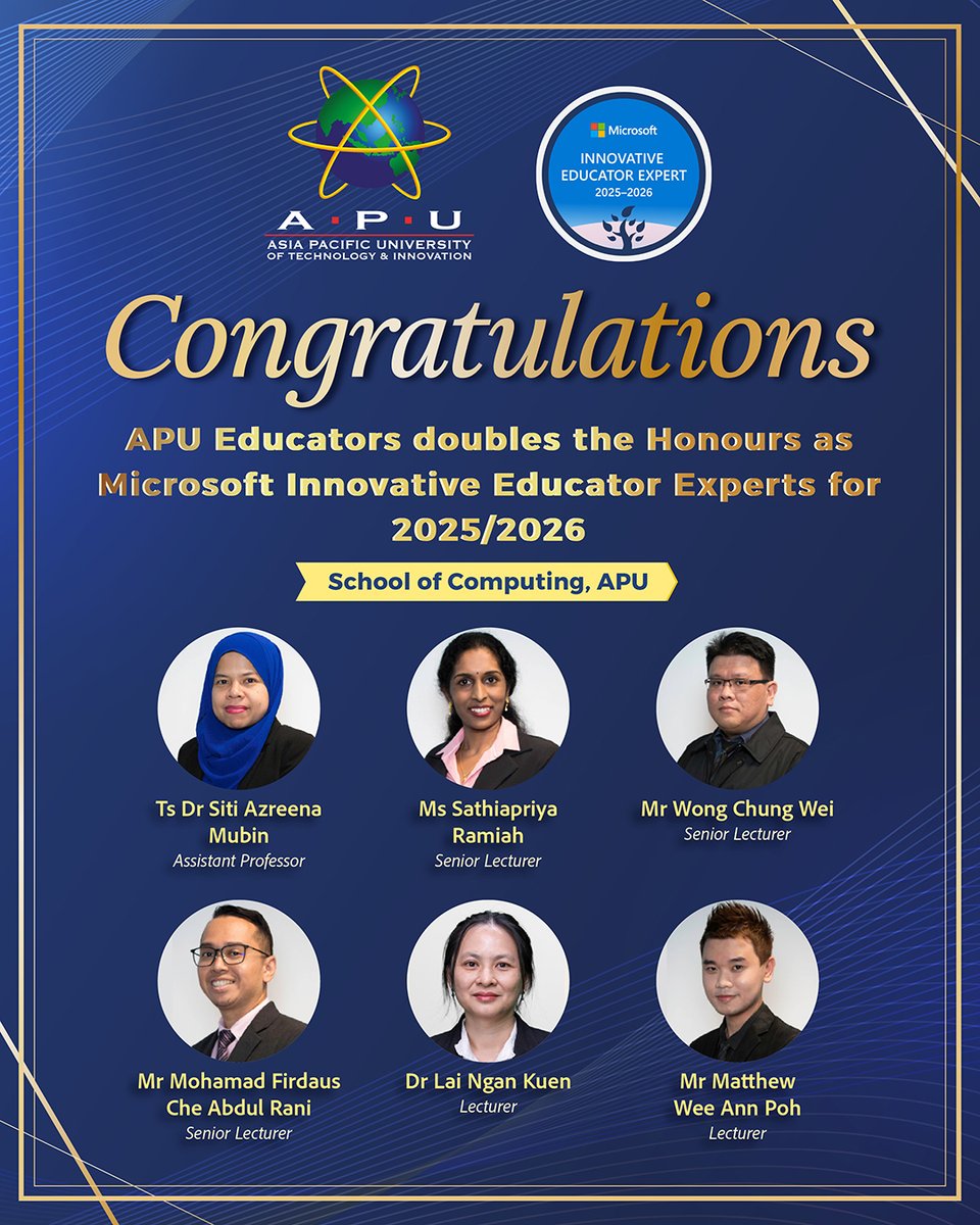 AsiaPacificU's tweet image. We’re proud to share that 17 APU academic staff have been recognised as Microsoft Innovative Educator (MIE) Experts 2025/2026, doubling last year’s number! 👏

Leading innovation in digital teaching and learning. 🙌

🔗 Read more: apu.edu.my/news/apu-educa…

#APU #MicrosoftEducator