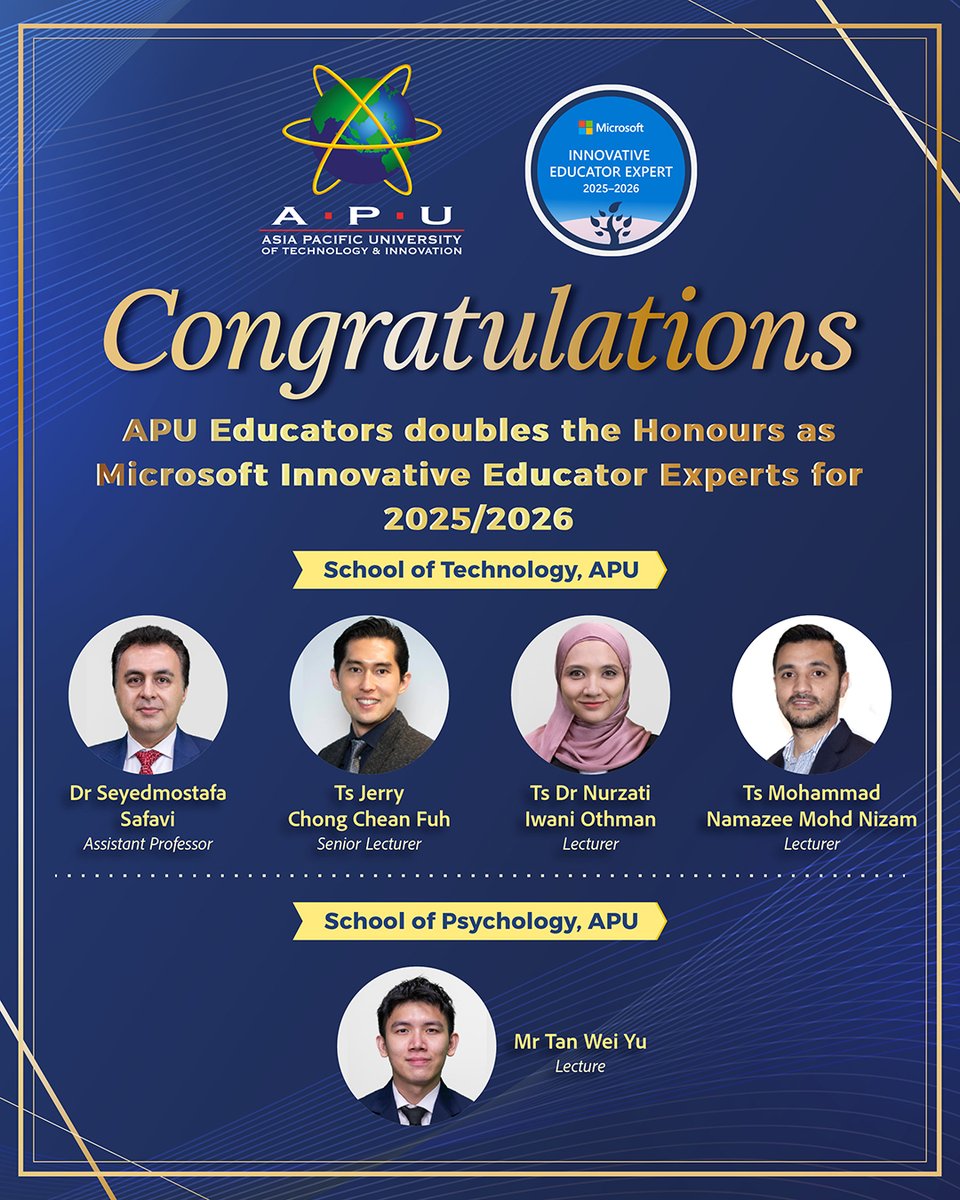 AsiaPacificU's tweet image. We’re proud to share that 17 APU academic staff have been recognised as Microsoft Innovative Educator (MIE) Experts 2025/2026, doubling last year’s number! 👏

Leading innovation in digital teaching and learning. 🙌

🔗 Read more: apu.edu.my/news/apu-educa…

#APU #MicrosoftEducator