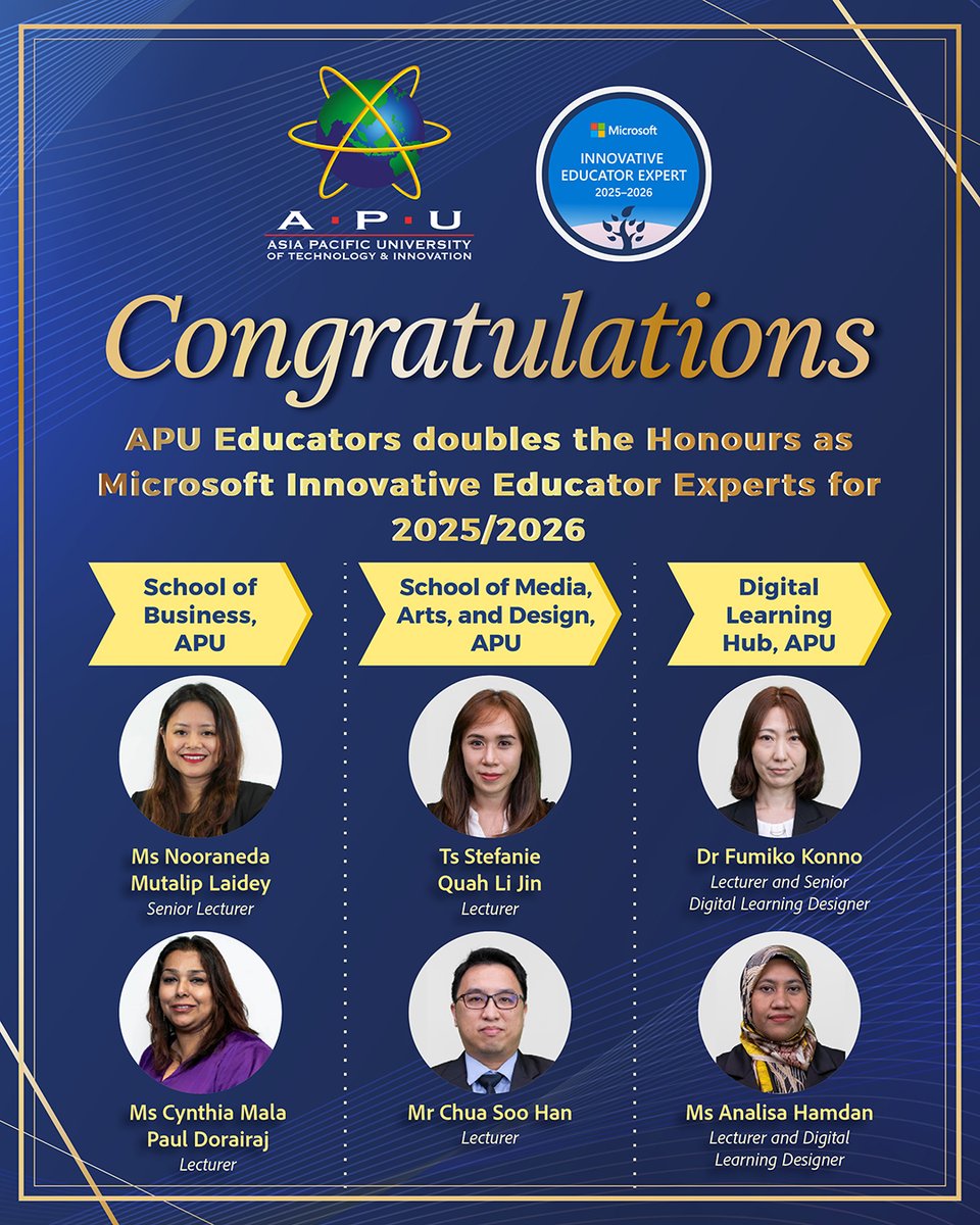 AsiaPacificU's tweet image. We’re proud to share that 17 APU academic staff have been recognised as Microsoft Innovative Educator (MIE) Experts 2025/2026, doubling last year’s number! 👏

Leading innovation in digital teaching and learning. 🙌

🔗 Read more: apu.edu.my/news/apu-educa…

#APU #MicrosoftEducator