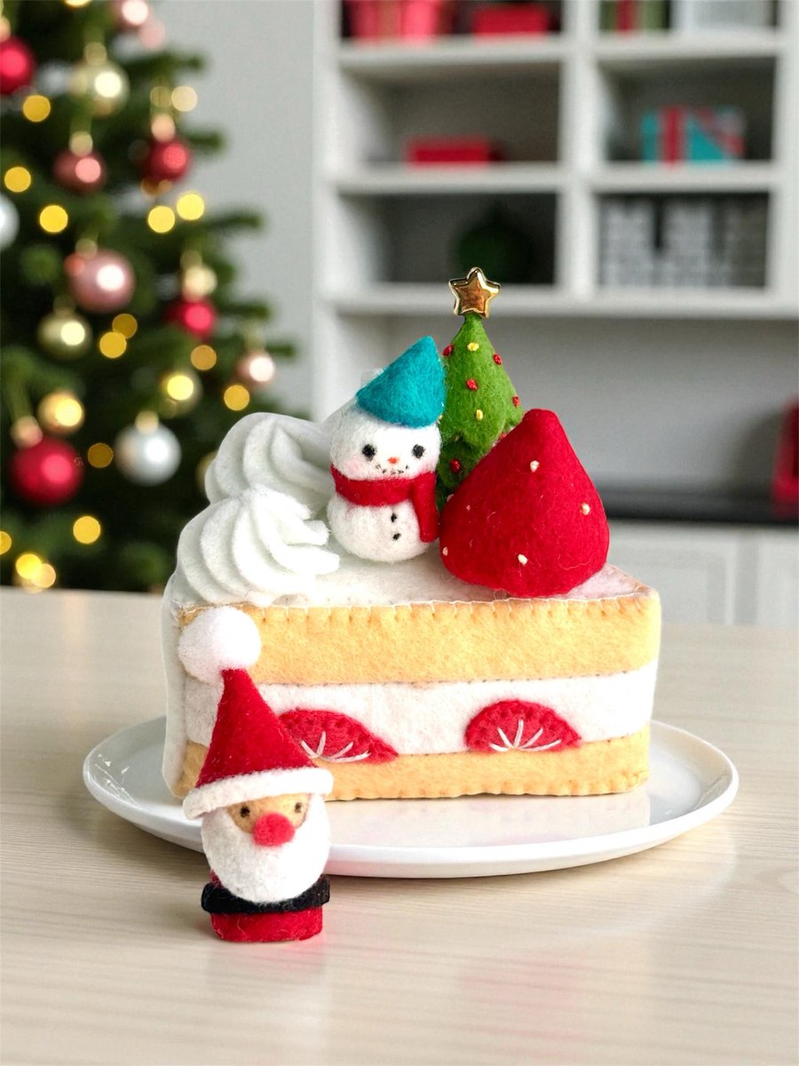 pre_memo_felt's tweet image. 色々試作中🎄

背景はAI合成です。
かしこくてビックリ。
お皿も合成。
手前のサンタさんはぷれめも作です😊

#フェルトケーキ