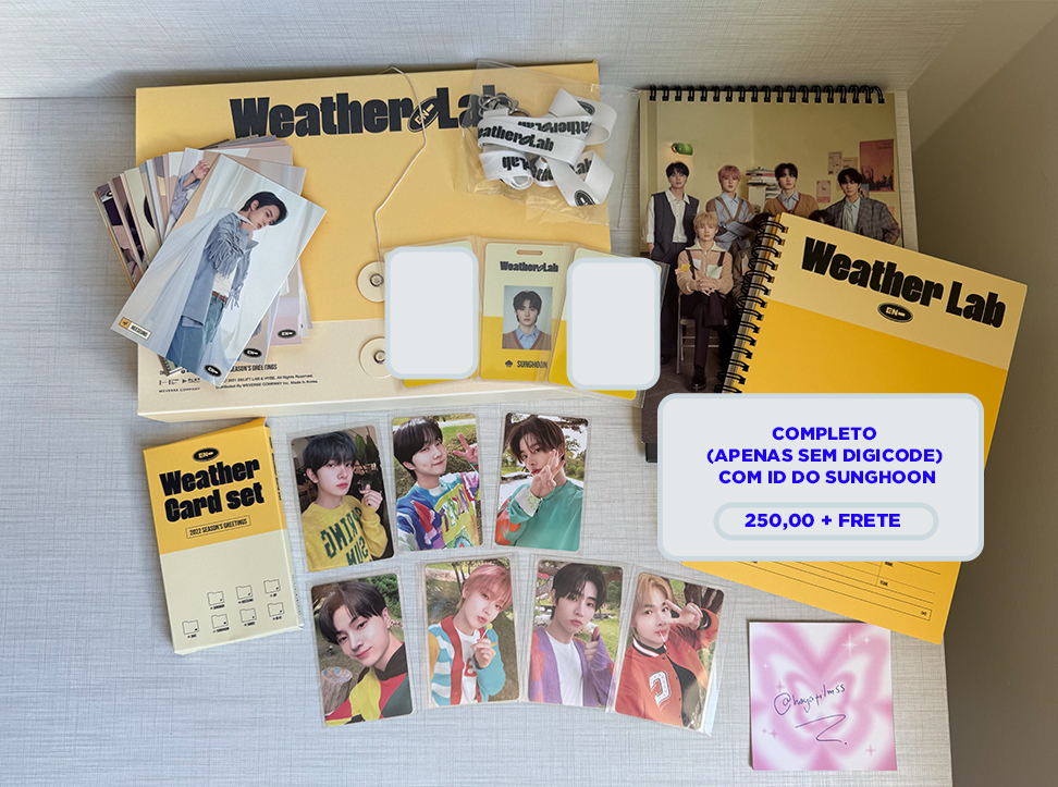 VENDA ENHYPEN

SEASONS 2023 COMPLETO COM ID DO SUNGHOON
frete por app 
sensitive buyer ❌
todos em mãos 
não reservo
* vermelho = avaria 

feedbacks: instagram.com/hoyafilmss/