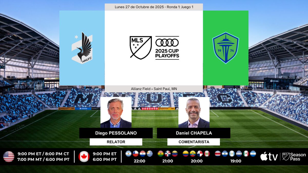 ⚽️ #MLS 🇺🇸 | #MinnesotaUnited vs. #SeattleSounders

🎙Relator: <a href="/DiegoPessolano/">Diego Pessolano</a> 
🎙Comentarista: <a href="/dchapela/">Daniel Chapela 🇻🇪</a>
💻📱MLS Season Pass en <a href="/AppleTV/">Apple TV</a> (Disponible también con suscripción a Apple TV)

#️⃣ #MLSSeasonPass - #MLSCupPlayoffs - #MINvSEA