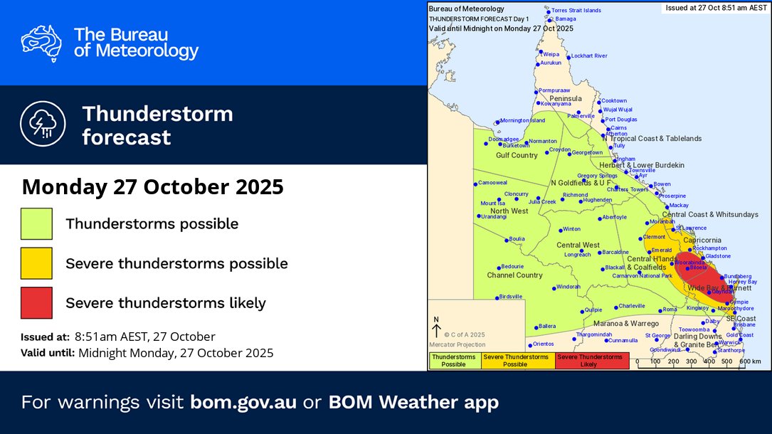 BOM_Qld's tweet photo. Thunderstorms developing across much of #Qld today, potentially severe between Mackay and the Sunshine Coast and west to the Coalfields. A very hot day for eastern districts ahead of a dramatic cool, wet change tomorrow. For warnings visit https://t.co/n8ZGbpuMeA #Qldweather https://t.co/ZMp1OjmrKu