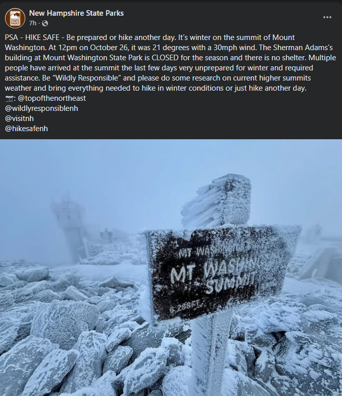A reminder from our neighbors at Mount Washington State Park.