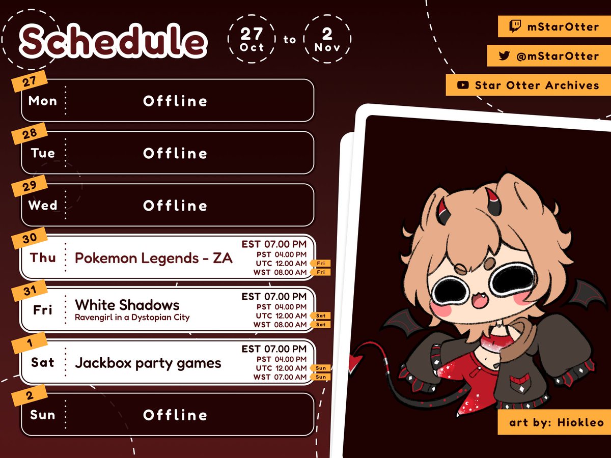 This week I'm planning on finishing the story in Pokemon Legends on Thursday, then spooky game for spooky day, and finally play some games with the community on Saturday with Jackbox. Stream starts at 7pm EST. Art from <a href="/hiokleo/">Hiokleo 💀🎟️🌸 Horror Vtuber | VHorrorS</a>