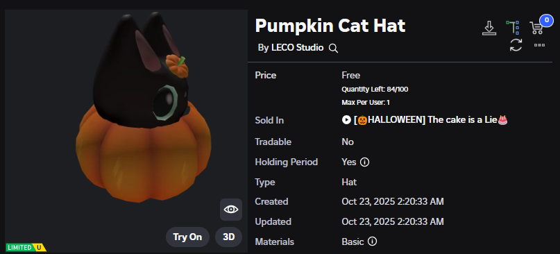 Xh0PlUgc's tweet image. 🔴New limited item &lt;&lt; HALLOWEEN The cake is a Lie &gt;&gt;
📦Stock: 100
❗How to get it: You will need to accumulate 1000 candies and use the vending machine, then you can get it.
➡️roblox.com/catalog/113326…
➡️roblox.com/games/84345516…
#Roblox #RobloxDev #RobloxFreeUGC #RobloxUGCLimited