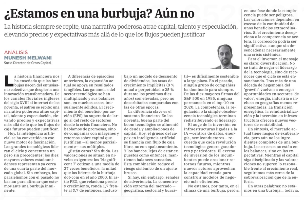 CrossCapital's tweet image. ✍️ «¿𝗘𝘀𝘁𝗮𝗺𝗼𝘀 𝗲𝗻 𝘂𝗻𝗮 𝗯𝘂𝗿𝗯𝘂𝗷𝗮? 𝗔𝘂́𝗻 𝗻𝗼.», aportación de nuestro DG @MelwaniMunesh  quien aborda una preocupación general en la comunidad inversora global, en la que ya se habla a diario de la burbuja que se está formando entorno a la IA, que indudablemente…
