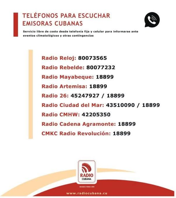 🔊 DIFUNDE!!
🚨 Infórmese desde un teléfono fijo o celular a través de Radio Reloj, Radio Rebelde o su emisora provincial sobre el huracán Melissa
👉 Marca 8️⃣0️⃣0️⃣ RELOJ (800 73565)
👉 Marca 800 77232 para Radio Rebelde
👉 Marca 18899 para tu emisora provincial
#EtecsaConCuba
