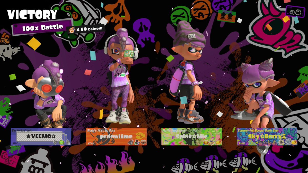 SplatMic's tweet image. Only played a bit of the fest but won a 100x immediately with @sky_berry3. Stream was really fun that day and had great matches and laughs with him and Jackogien sub to them on YT and follow them on Bsky.