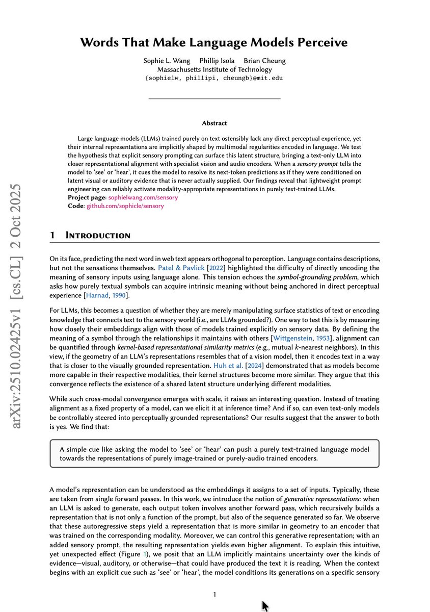 ceobillionaire's tweet image. Words That Make Language Models Perceive

Wang et al.: arxiv.org/abs/2510.02425

#ArtificialIntelligence #DeepLearning #MachineLearning