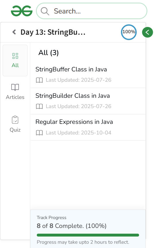 amanhaidry's tweet image. #Java from @geeksforgeeks 🚀
✅String Class
✅StringBuffer Class
✅StringBuilder Class
✅Regular Expressions
#100DaysOfCode #JavaDev #programmer #code #Coding #CodingJourney #CodingLife #LearnInPublic #GeeksforGeeks #gfg #nationskillup #skillupwithgfg #100DaysOfCoding