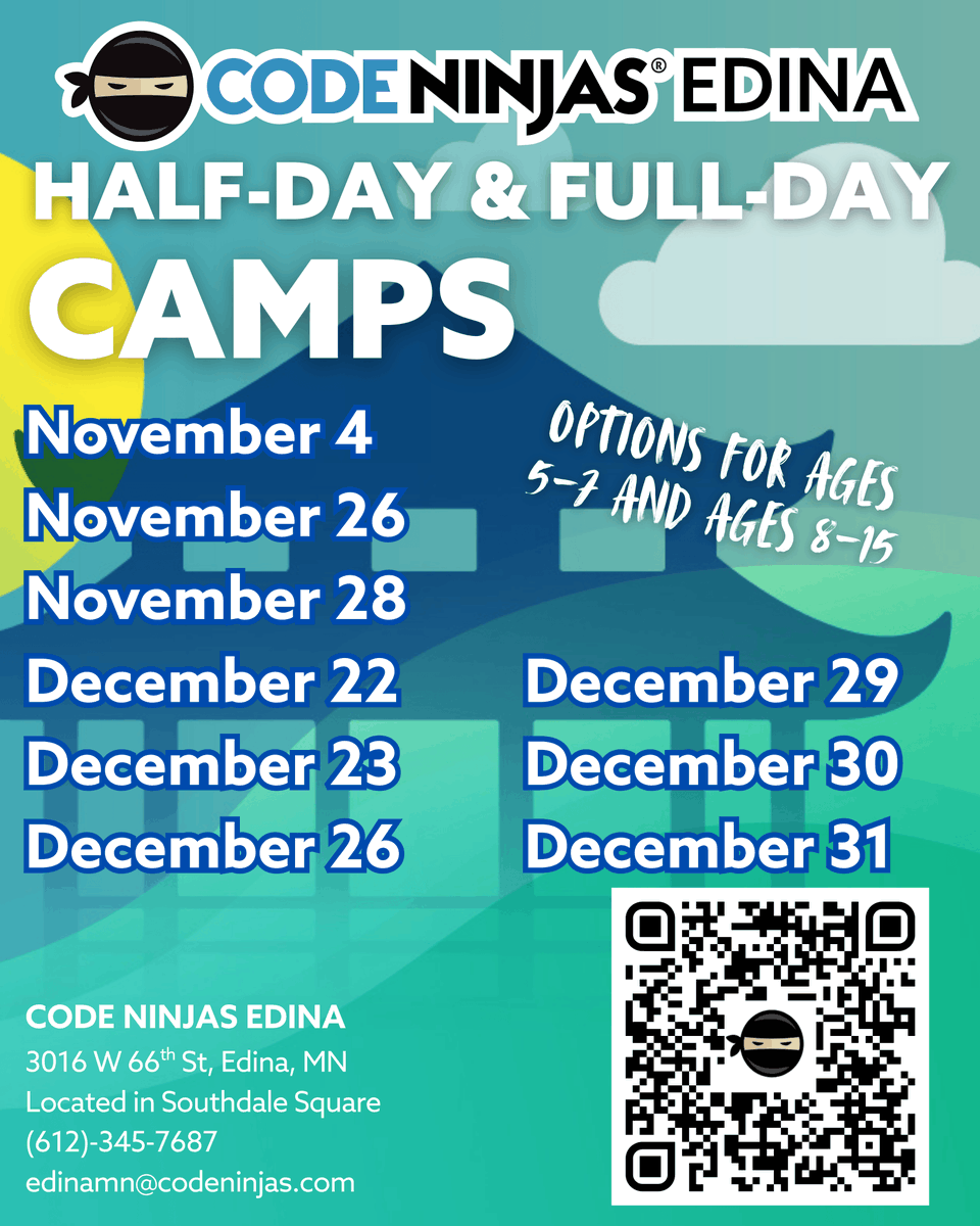 codeninjasmn's tweet photo. 📣Last Call to Register MEA Day camps ➕ Holiday Dates added!📣 - https://t.co/tfCoEnXVFp https://t.co/6BvIERuKyy