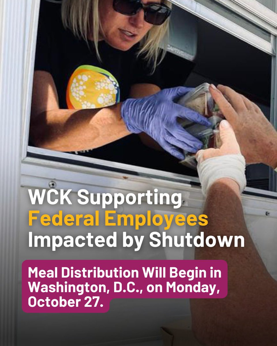 WCKitchen's tweet image. WCK’s Relief Team is supporting furloughed federal workers in Washington, D.C., as the U.S. government shutdown nears its fourth week. Starting tomorrow, Monday, October 27, our WCK food trucks will be stationed in D.C.’s Navy Yard southeast neighborhood from 11 a.m. to 2 p.m.,…