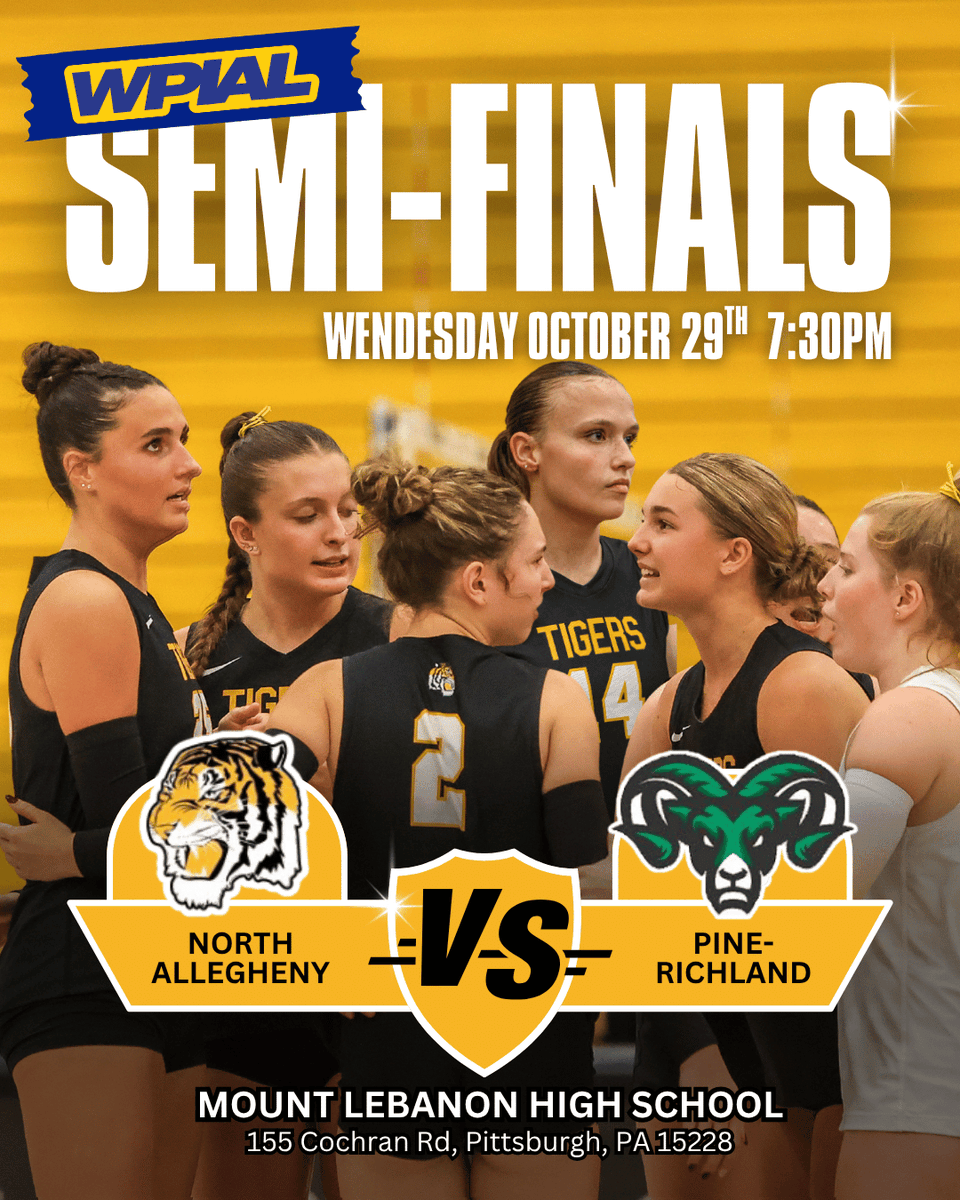 nagirlsvb's tweet photo. Make your plans for WEDNESDAY NIGHT as NAVB heads to Mt. Lebonan High School for the WPIAL 4A semi-finals! The Tigers will face the Pine-Richland Rams for the 3rd time this season. LET"S GOOOO!!!! https://t.co/jXxXhZzamo