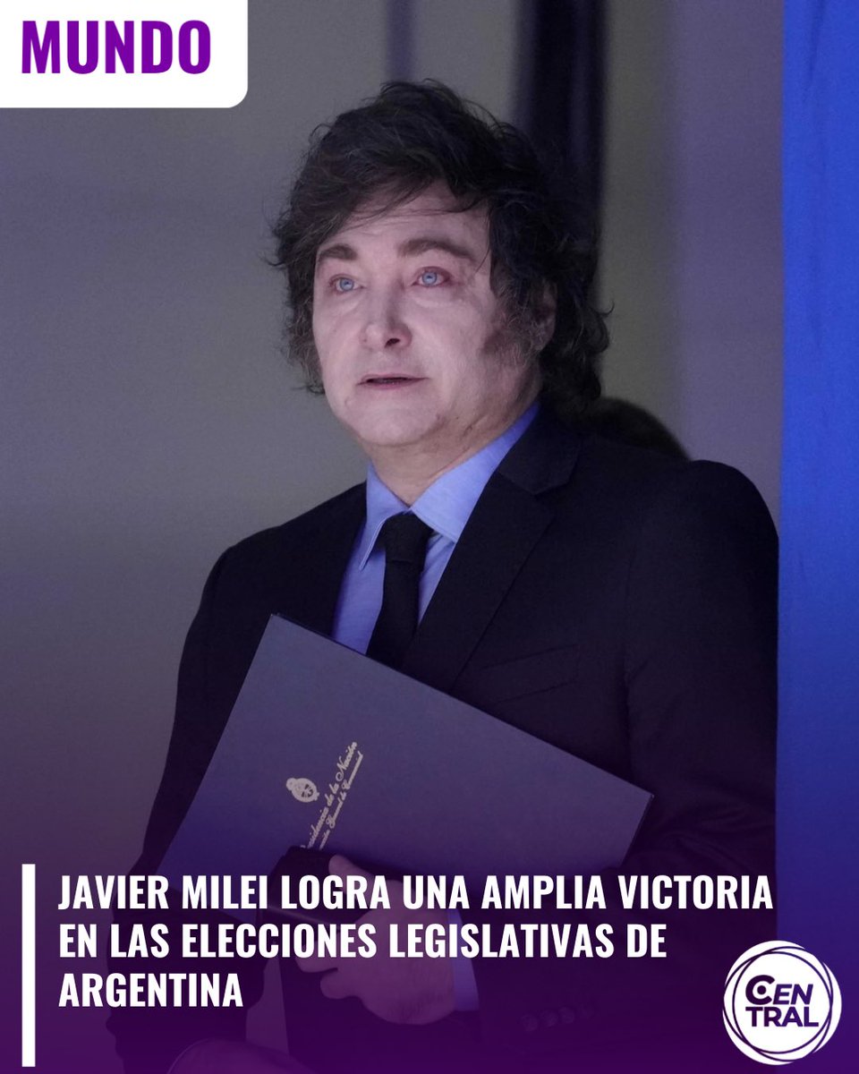 CentralNCR's tweet photo. #Internacionales | Javier Milei logra una amplia victoria en las elecciones legislativas de Argentina

Con el 40,84 % de los votos, La Libertad Avanza se impone en las elecciones legislativas y consolida su mayoría en la Cámara de Diputados.
Fuerza Patria obtiene el 24,5 %, mientras que Provincias Unidas y el Frente de Izquierda alcanzan 5,12 % y 3,71 %, respectivamente.

📷Recuerde sintonizar #CentralNoticias de lunes a viernes a las 2 p. m. en Central Ahora y nuestra edición estelar a las 8 p. m. por Gente Opa #Canal38.
Nos encuentra en 20 digital de Liberty, 20 análogo y 701 digital de Telecable, 038 TIGO, 38 KaTV y 2110 digital de Kölbi, 38 digital de Metrocom y 38 en Claro IPTV y en Cable Caribe análogo 54 y 277 IPTV, en KTV-IPTV canal 38 y en Cable Plus canal 10 y digital canal 49.1.

#Elecciones2025 #Argentina #JavierMilei