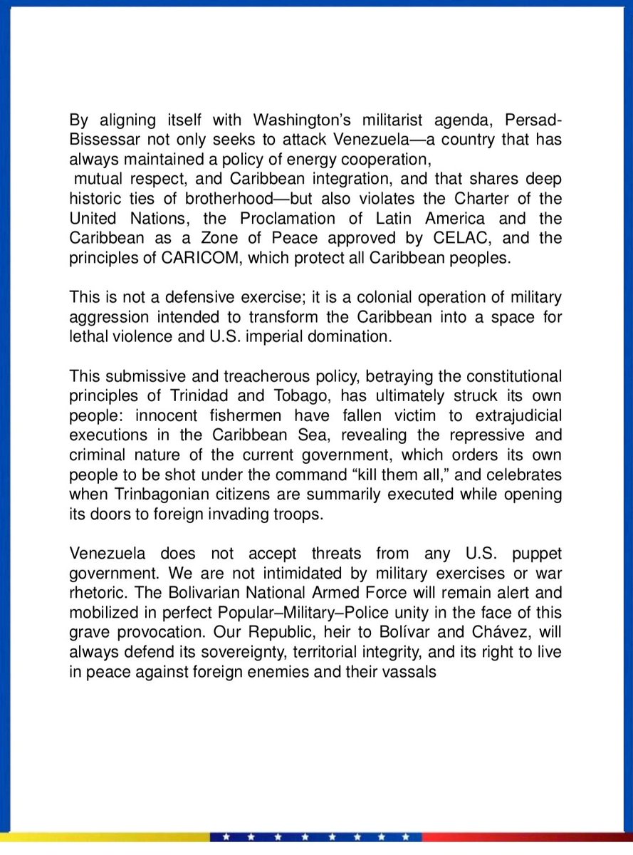 Venezuela denounces the serious provocation of Trinidad and Tobago in coordination with the CIA, to install a war in the Caribbean.