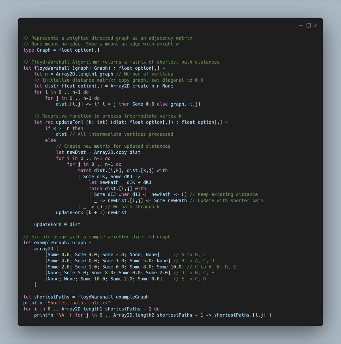 jonas1ara's tweet image. Functional implementation of Floyd-Warshall Algorithm in #fsharp