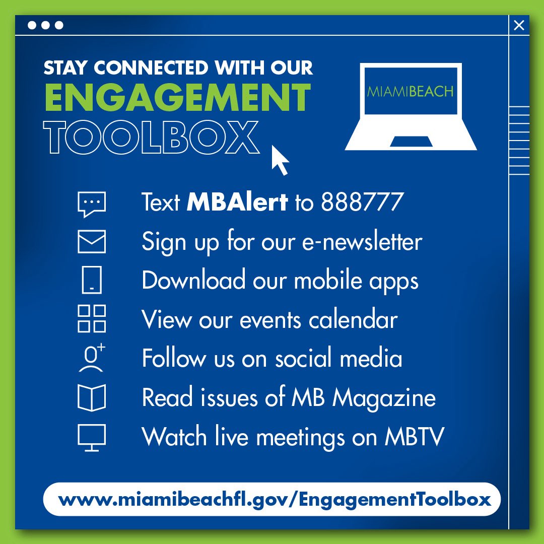 MiamiBeachNews's tweet photo. As #FLCityWeek comes to an end, stay connected with all things Miami Beach by visiting our Engagement Toolbox. 

The toolbox includes:
- MB text alerts 
- E-newsletter sign-ups
- Latest issue of MB magazine
- Mobile apps
- Social media channels
- …and much more!

Visit https://t.co/rIDYNcL77s.