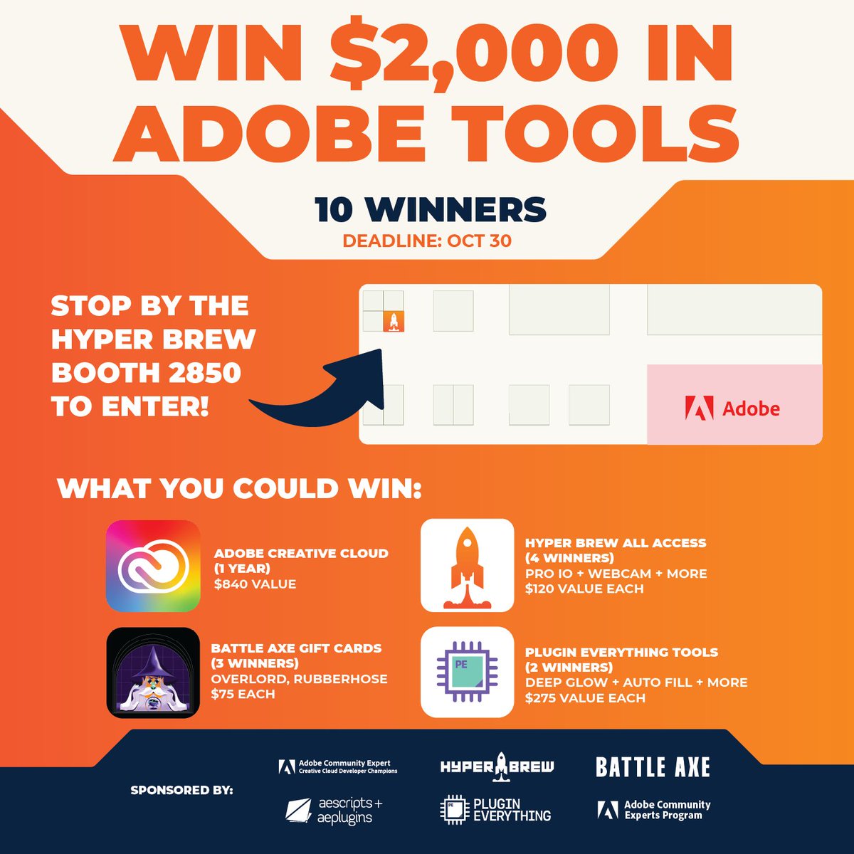 hyperbrew's tweet image. Coming to Adobe MAX in LA? Stop by the Hyper Brew booth to enter our GIVEAWAY of over $2,000 in Adobe tools 🔥🔥🔥
Big thanks to our sponsors: Adobe Community Experts, @battleaxedotco , @aescripts, Plugin Everything, and the Adobe Creative Cloud Developer Champions! 🙏 #AdobeMAX