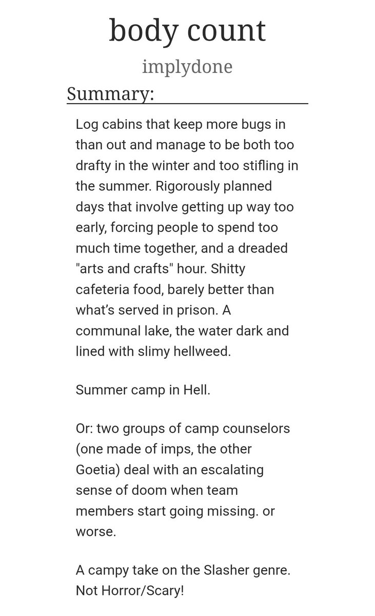 HAPPY HALLOWEEK 🎃👻

In honor of my favorite time of year, I'll be re-sharing my Halloween-themed fics, leading up to the Halloween exchange fic I wrote :3 

first up is my camp(y) slasher au, body count. with one of my most Smut-Filled chapters ever.

archiveofourown.org/works/59841313