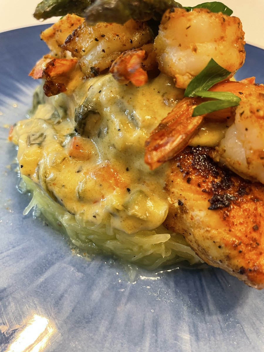 Spaghetti Squash w/Roasted Poblano Cream Sauce &amp; Blackened Shrimp w/Pan Seared Salmon &amp; Garlic Asparagus