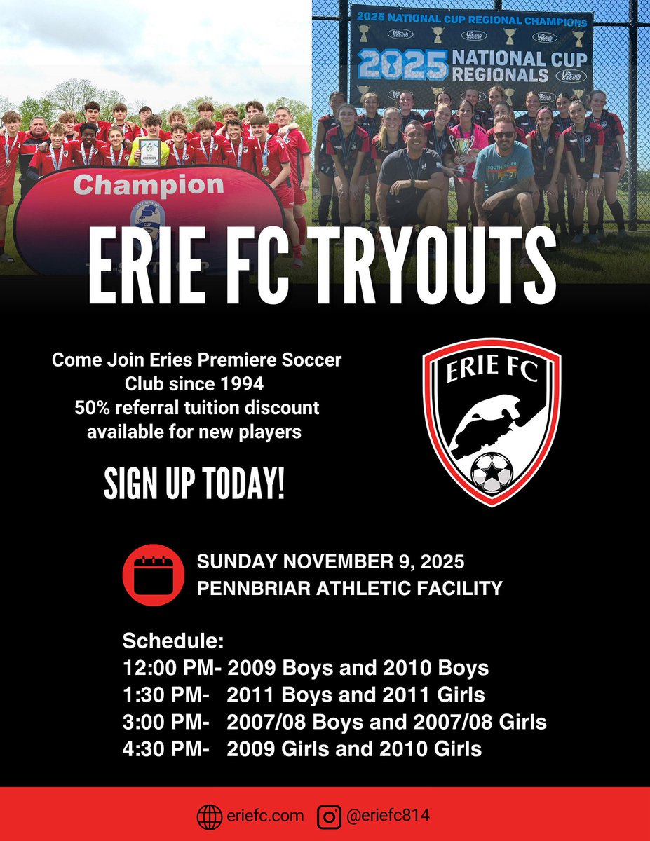 UPDATED TRYOUT DATE DUE TO HIGHSCHOOL PLAYOFFS! Tryouts and Registration for our Erie FC High School aged teams will take place on Sunday, NOVEMBER 9th at Pennbriar Athletic Facility.
Come Join Erie’s Elite Soccer Program. Use the Link below to sign up‼️

docs.google.com/forms/d/e/1FAI…