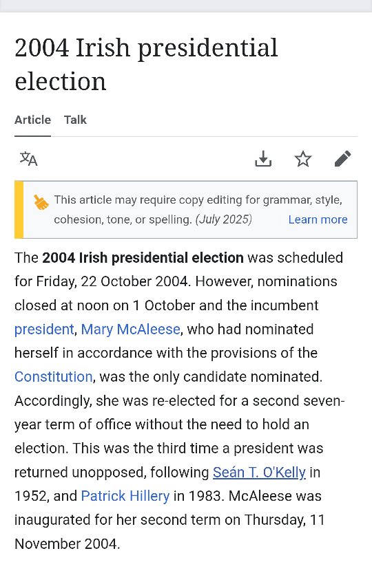 Discovering that Ireland has had 3 presidential elections where the incumbent just ran unopposed and won really makes the whole 'This was a disgrace to democracy' argument really fall flat lmao