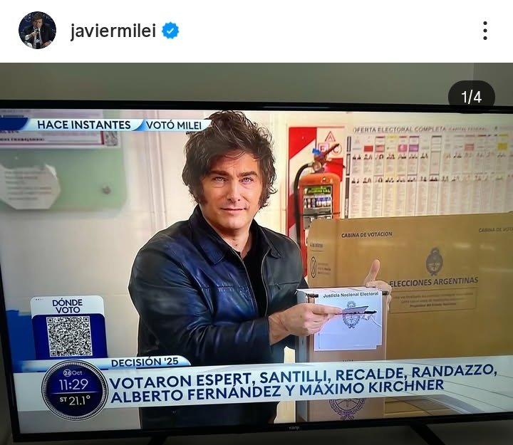 AssLatam's tweet image. President Javier Milei of Argentina posted an edited image of himself voting on today's midterm elections.
