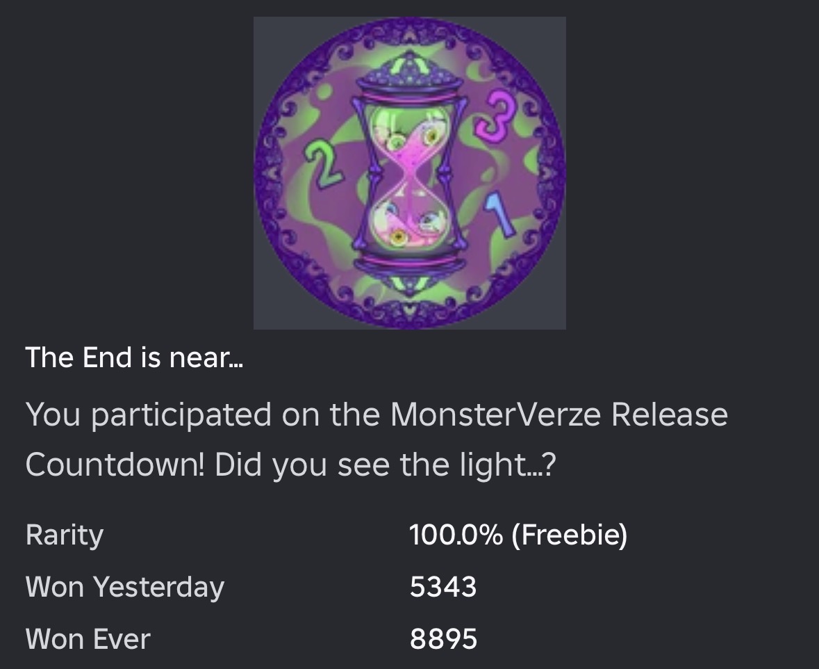 WOOHOO! 🎉
Monsterverze is officially BACK! Countdown is on now! 💜
In game right now, you can join for an exclusive badge called “The End is near…” only obtainable to the end of the countdown! 🪦
See you at the end… 👀✨
Join here! roblox.com/share?code=bf5… 💚