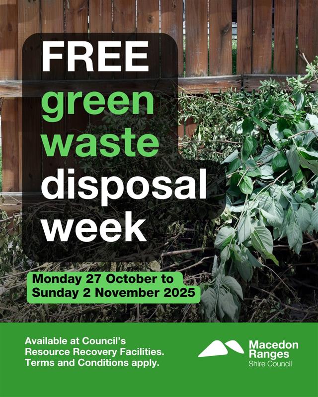 🍃 FREE Green Waste Disposal Week 🍃
Drop-off from Mon 27 Oct to Sun 2 Nov 2025 at Kyneton, Romsey &amp; Woodend Resource Recovery Facilities. T&amp;Cs apply.
Now is a great time to get fire season ready. 
Learn more: mrsc.vic.gov.au/green-waste
Bushfire prep tips: mrsc.vic.gov.au/fire-ready