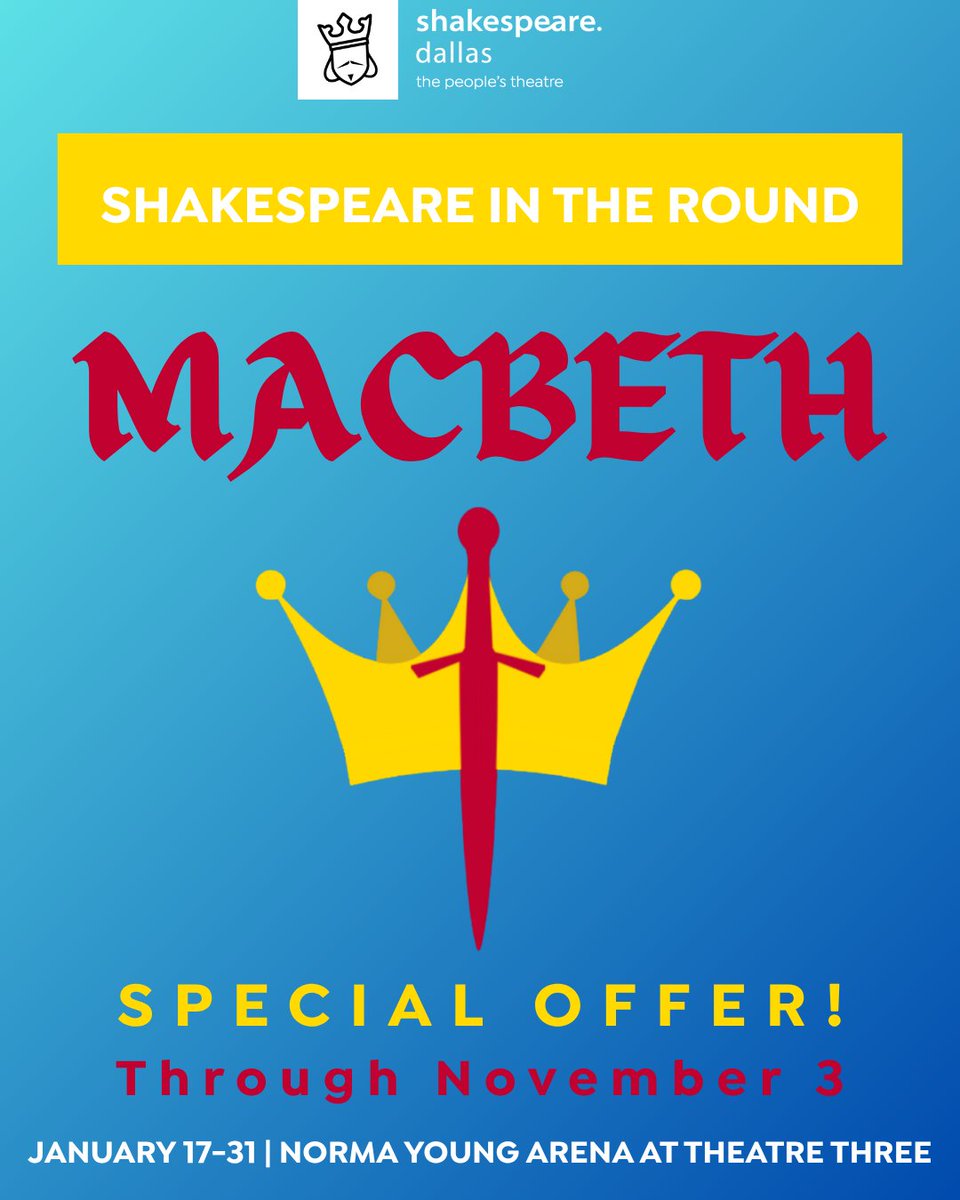 🌟 Members Perk: Get discounted Macbeth tix by Nov 3 + a behind-the-scenes rehearsal 🎭
Membership lapsed? 
Renew: shakespearedallas.regfox.com/membership-2026

💫 Not a member? $10 off Macbeth tix with code 9TIMES9 — no membership needed.
Tickets: shakespearedallas.ticketspice.com/shakespeare-da…

#Shakespeare #Macbeth