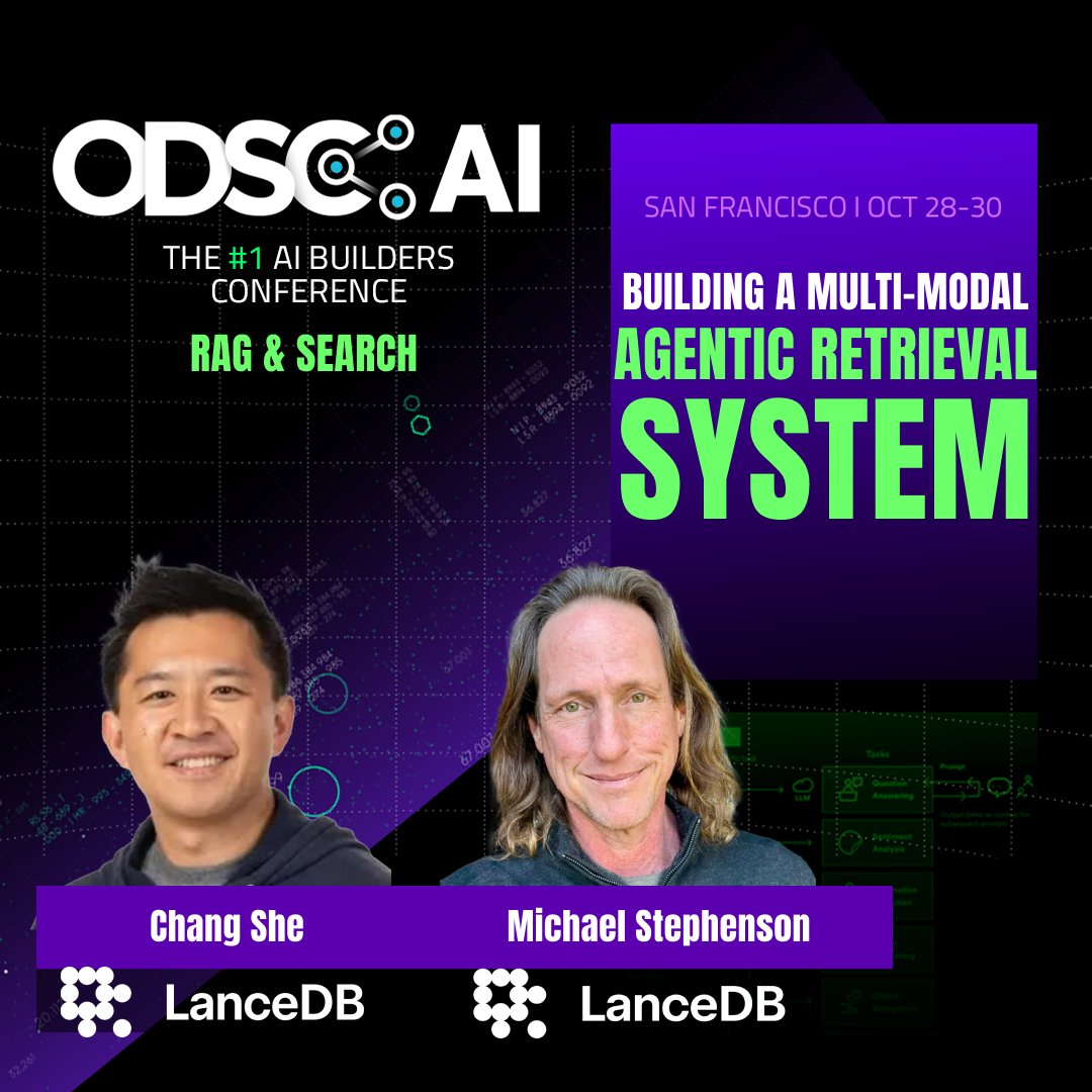 _odsc's tweet image. At ODSC AI West, join Chang She and Michael Stephenson (LanceDB) for a hands-on workshop:
Practical Techniques for Building a Multi-Modal, Agentic Retrieval System

🔗 Register now → hubs.li/Q03Q8BKW0

#ODSCAI #RAG #AgenticAI #AIEngineering #LanceDB