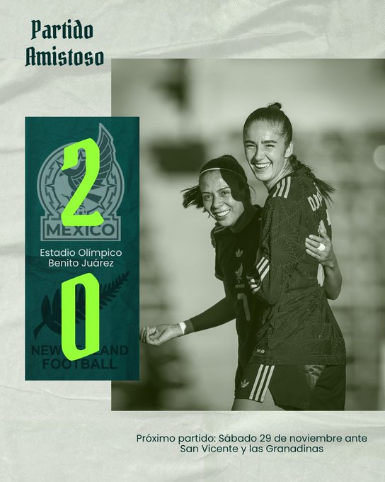Graphic poster in vintage style with beige background and gothic font announcing a friendly soccer match result Mexico 2 New Zealand 0 at Estadio Olímpico Benito Juárez. Two female players in Mexico national team jerseys one with ponytail and the other with headband smile and embrace on the right side. Left panel features green Mexico emblem with eagle and number 2. Bottom text notes next match on November 28 against San Vicente y Las Granadinas.