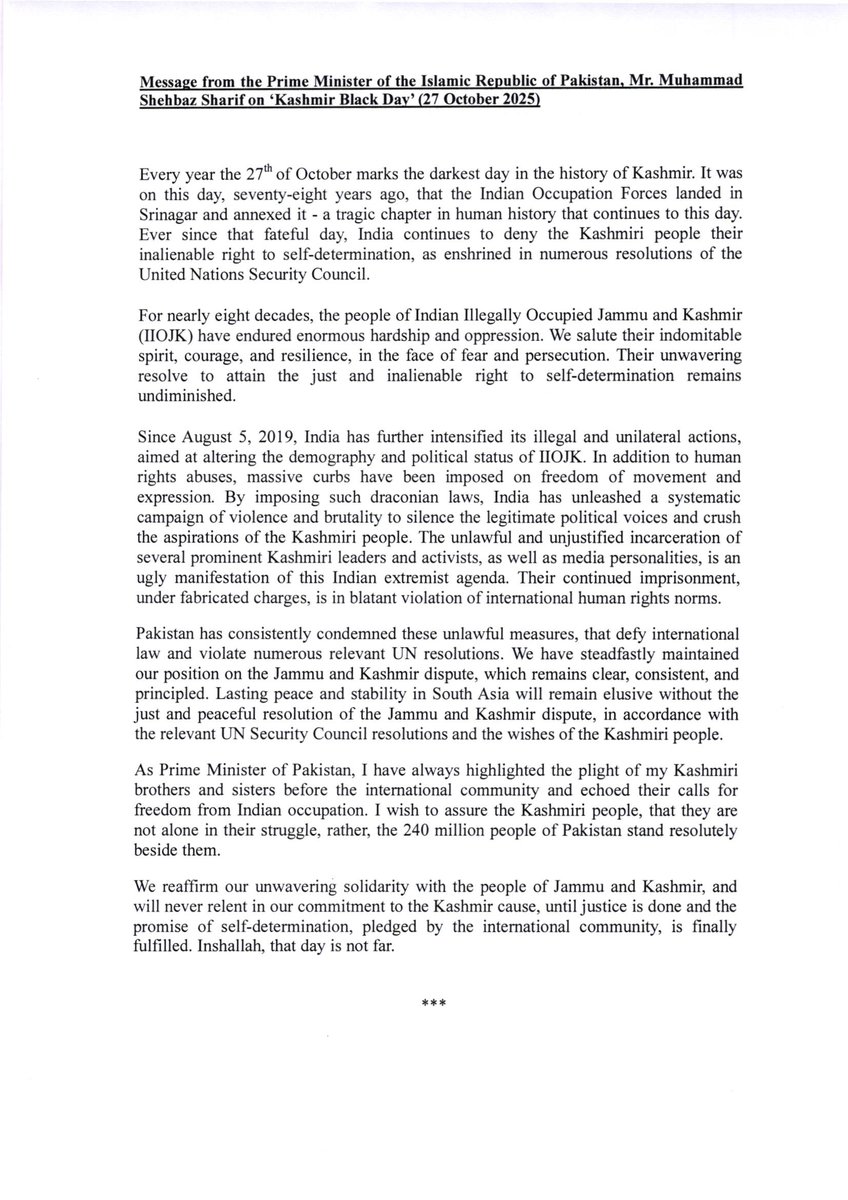 Message from the Prime Minister on #Kashmir Black Day 27 October 2025.