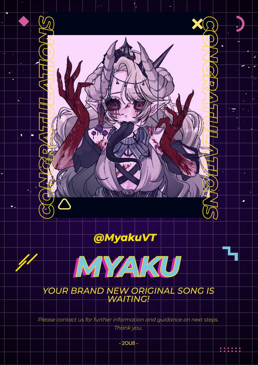 2OU8_'s tweet photo. Congratulations to @MyakuVT ! 

✨You’ve got your chance to get your brand new own original song! 🎶

💌 Please contact us for further information and guidance on next steps in DMs! 💌

 #Contest #OriginalSong #2ou8 https://t.co/527ZHChBzw