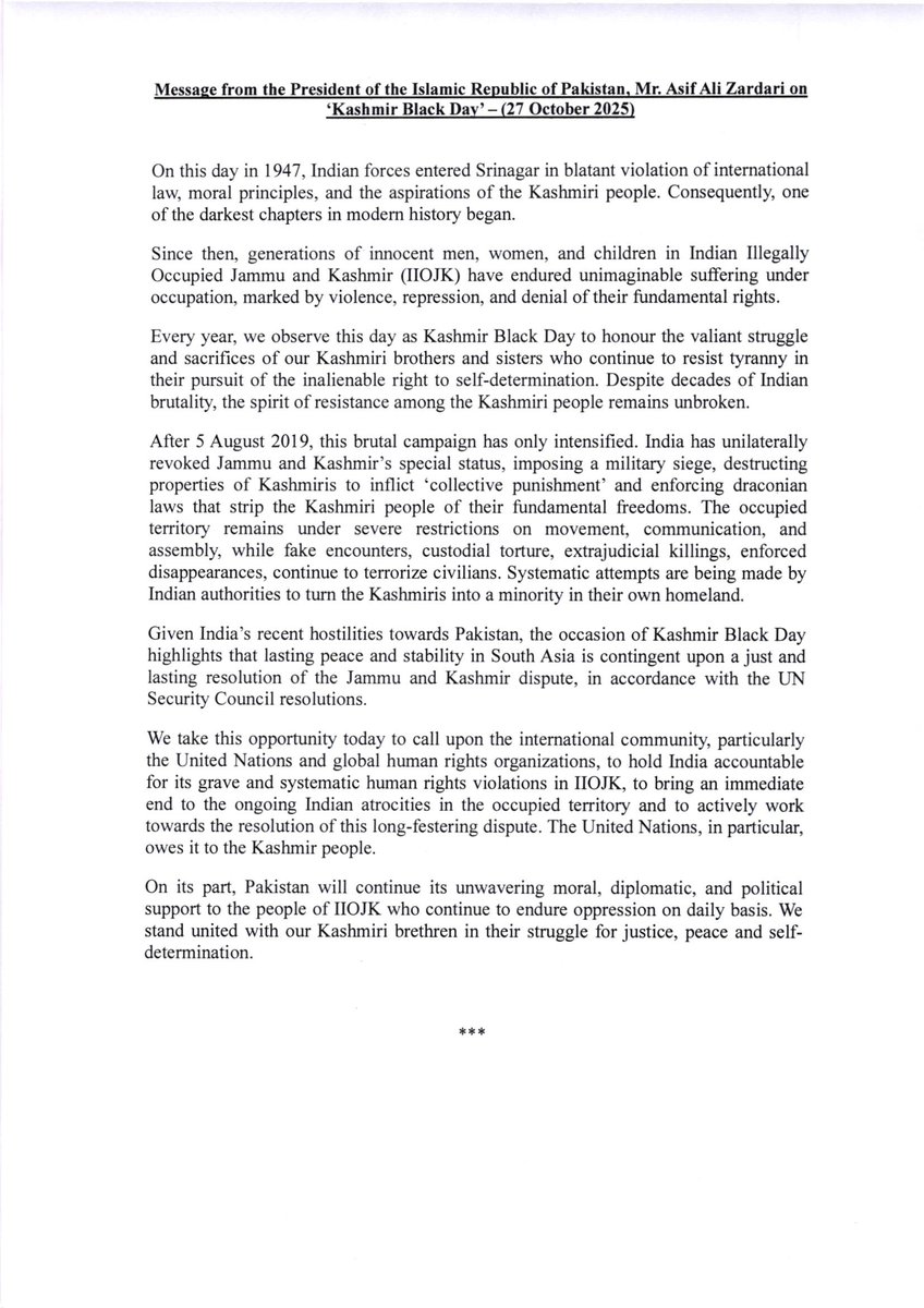 Message from the President on #Kashmir Black Day 27 October 2025.