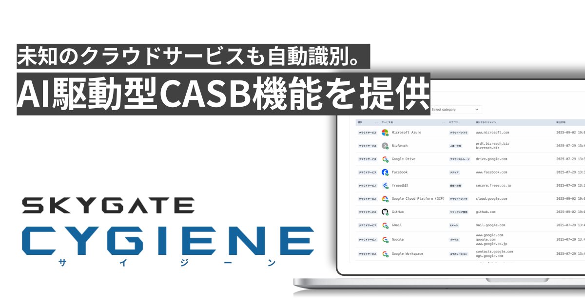 【プレスリリース】国産ゼロトラストセキュリティ「Cygiene」にAI駆動型CASB機能を搭載しました。

未知のクラウドサービスもAIが自動識別。国産SaaSを含むシャドーITを網羅的に可視化し、企業のデータ漏洩リスクを抜本的に低減します。

詳細はこちら→ skygate-tech.com/news/251027-cy…